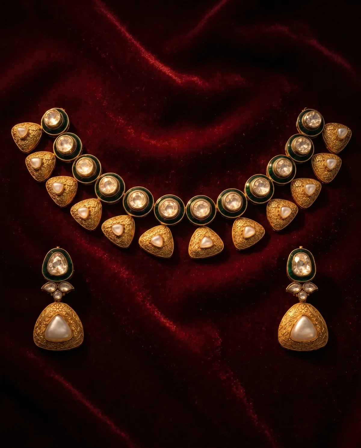 Ruby Jewellers polki necklace and matching earrings on burgundy velvet